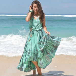 2025 robe Maxi florale tie-dye pour dames menthe col en v 100% rayonne Style bohème cordon manches Logo dos pour les vacances d'été - Product Image 1