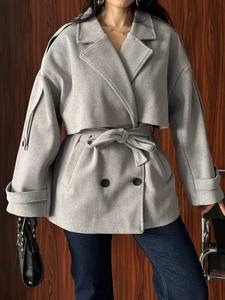 Manteau Trench Décontracté Gris Élégant à Double Boutonnage avec Ceinture, Manches Longues, Col Chemise, en Polyester/Coton, Coupe-Vent, Idéal pour l'Automne - Product Image 6