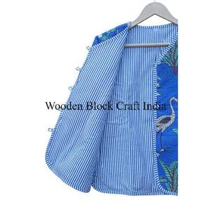 Indian Block Printed <b>Quilted</b> 100% Cotton Eco-Friendly Women's V-Neck Winter Beach Wear Belt Breathable Floral Decoration Jacket - Product Image 3
