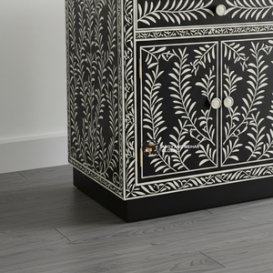 Chevet artisanal moderne écologique en incrustation d'os avec motif floral complexe, plateau en bois à deux tiroirs pour salon - Product Image 2