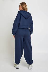 Ensemble de survêtement 2 pièces pour femme, design personnalisé, bleu marine, pantalon de jogging à revers et sweat à capuche zippé, respirant - Product Image 4