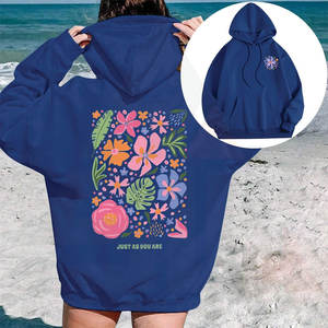 Casual Wear <b>Soft</b> Fleece Royal Blue Floral Aesthetic Over Sized Embroidery Front Pullover <b>Women</b> <b>Hoodie</b> - Product Image 1