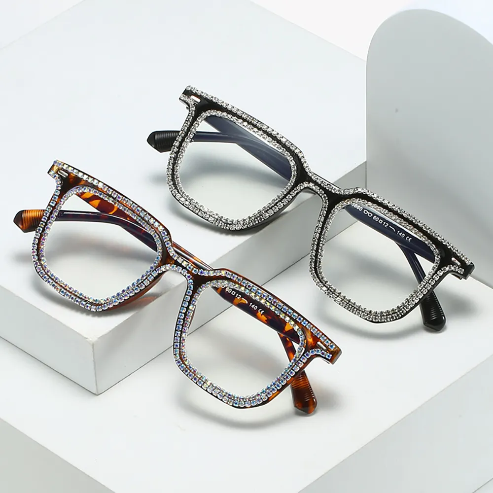 नई ब्रांड डिजाइनर चश्मा पुरुष महिलाओं स्क्वायर लक्जरी चश्मा फ्रेम ऑप्टिकल हीरा पर्चे चश्मा तमाशा फ्रेम