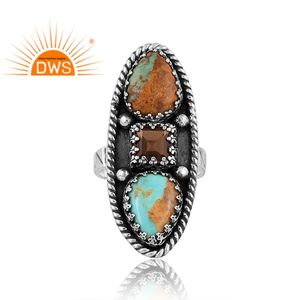 Anillo de declaración de piedras preciosas turquesas Kingman y cuarzo ahumado de plata esterlina oxidada de la mejor calidad, joyería personalizada para mujer - Product Image 2