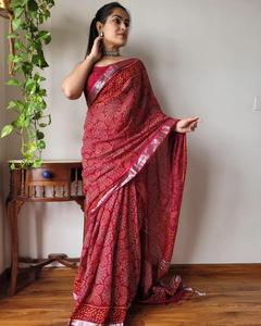 Saree imprimé en lin de qualité supérieure avec un look contemporain traditionnel pour les occasions de fête spéciales d'hiver du fournisseur indien - Product Image 3