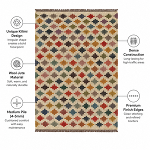 Handmade Wool Jute Kilim Rug Low Pile Flatweave Eco-Friendly Waterproof Geometric Tribal <b>Carpet</b> Custom Size Exercise Camping - Product Image 5