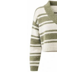 Customized Green Striped Women V Neck Crop Sweater Soft Knit Long Sleeve Winter Casual Fashion Pullover Jumper For Wholesale - Product Image 2