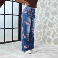 2025 été décontracté taille haute imprimé jean pour femmes ample droit Tube motif fleuri Denim pantalons longs plaine printemps
