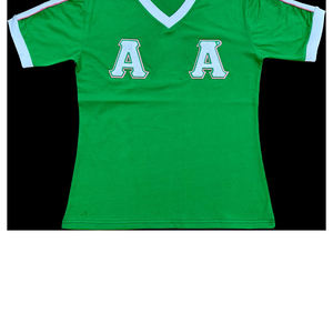 Camiseta ALPHA PHI ALPHA de 1908, estilo griego, con diseño personalizado, logotipo bordado en chenilla, blanco y verde - Product Image 2