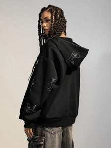 <b>Black</b> Oversized Rhinestone <b>Hoodie</b> <b>Women</b> <b>Zip</b> Up Streetwear Jacket Crystal Line Art Full Face <b>Zip</b> up Gothic Y2K Fashion Sweatshirt - Product Image 4