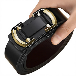Men's Automatic Buckle <b>Belt</b> Solid Black Cow Hide Leather Formal Style Geometric Design Durable One-Piece Molding - Product Image 4
