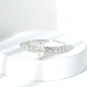 Marquise Moissanite <b>Solitaire</b> Engagement <b>Ring</b> with Side Stones, 925 Sterling <b>Silver</b> - Product Image 3