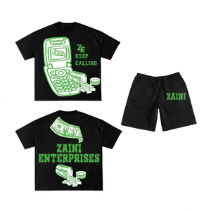 280 GSM Premium Cotton Men <b>T</b> <b>Shirt</b> And Short Set <b>Black</b> Green Screen Print Puff Print Embroidery Custom Logo OEM ODM - Product Image 1