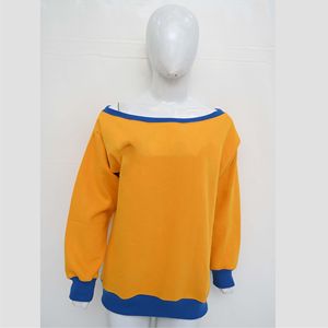 Sweat-shirt ample à épaules dénudées pour femme, col côtelé contrasté bleu, corps principal jaune moutarde, avec bordure bleue - Product Image 3
