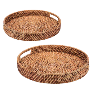 Cesta/Bandeja Redonda de Mimbre y Ratán con 2 Asas Laterales, Bandeja de Servicio de Ratán para Hotel y Restaurante - Product Image 1