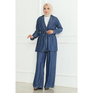 Conjunto de Mezclilla Azul Oscuro con Detalle de Cordones, Estilo Casual para Club, Largo Midi, Tela de Lana, Temporada Verano-Otoño, Talla 2XL, Top Corto con Logotipo 19209 - Product Image 1