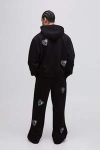 Conjunto Deportivo Holgado Negro con Cremallera, Pantalones Deportivos Extra Anchos con Apliques de Corazones, Talla Grande, Invierno, Transpirable, Impresión Personalizada - Product Image 2