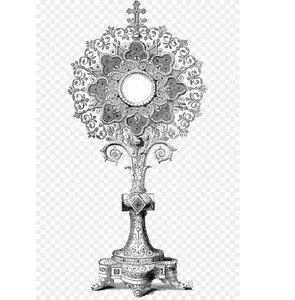 Monstrance logam dengan Finishing perak bentuk bulat bunga timbul desain kualitas Premium untuk tampilan harga grosir