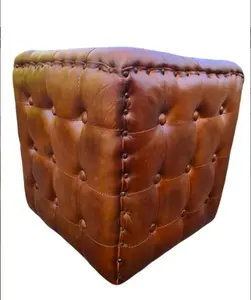 Vintage Vibe Leather Rullen Cube Pouf Best Quality Handcrafted Stylish Addition For Home And Hotel Unique Design Ottoman