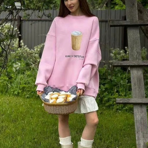 Sweat-shirt à motif de crème glacée douce, rose, confortable, style streetwear, col rond, tissu doux, tendance, décontracté, pour les marques de mode, vente en gros - Product Image 1