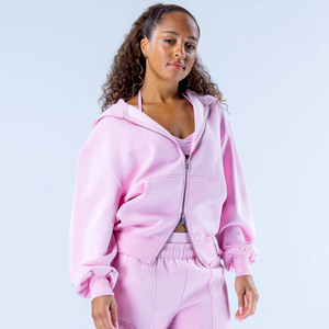 Meilleure vente Rose clair femmes goutte épaule raviver sweat à capuche zippé Anti-rides respirant hiver 100% coton blanc haute rue - Product Image 5