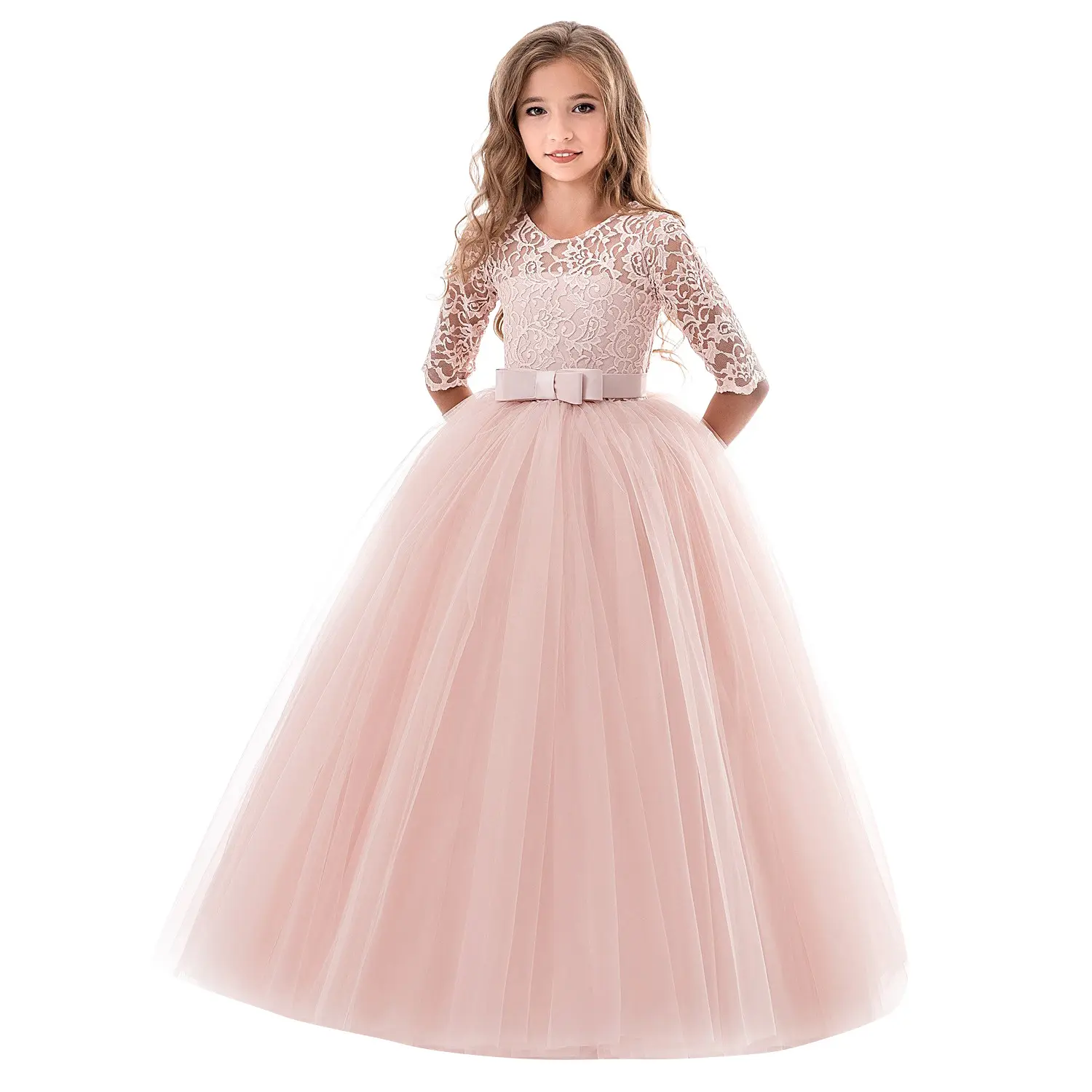 New princess lace flower embroidery Party Pageant kids dresses for girls of 6-14 years Wedding clothing