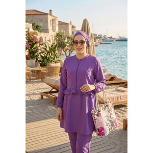 Conjunto de Traje de Baño de Tres Piezas Color Lila con Cintura con Volantes y Detalle de Cierre Frontal, Logotipo Personalizado, Sujetador Push-Up Disponible en Tallas Grandes XL - Product Image 2