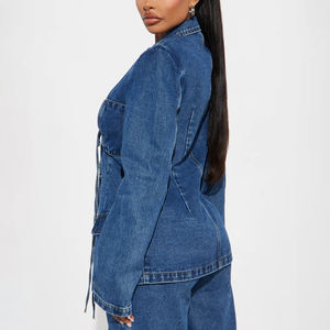 Tenue streetwear décontractée moderne Blazer en denim sur mesure Motif uni Détail de nœud à l'avant Pantalon à jambes larges Taille haute Décoration de logo - Product Image 5