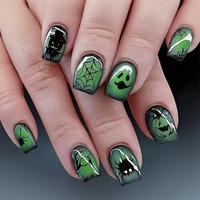 HYC-DY-609 Faux ongles carrés courts à presser, motif toile d'araignée fantôme lumineuse d'Halloween, réutilisables, couverture complète, 24 pièces