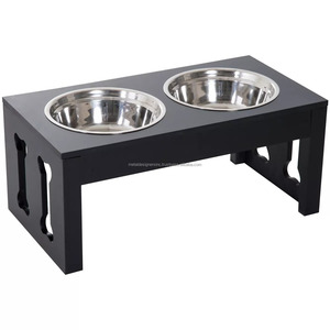 Comedero Elevado Rectangular de Madera de Acacia Blanca y Negra para Perros y Gatos, para Uso en Interiores - Product Image 2