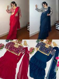 Lahenga Saree งานปาร์ตี้3ชั้นแต่งระบายพร้อมด้ายเย็บปักหลายเส้น - Product Image 6