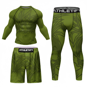Conjunto Deportivo de Compresión Sublimado Transpirable Personalizado de 3 Piezas: Camiseta de Compresión, Pantalones Cortos y Mallas para Gimnasio, MMA, Fitness, Correr, Secado Rápido - Product Image 1