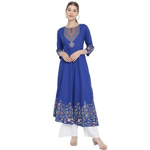 Material de rayón viscosa Anarkali Kurti Floral azul para mujer con blusas y camisas con estampado de colocación - Product Image 1