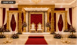 Mandap Clásico del Sur de la India para Bodas, Pilar de Ganesha, Mandap de Madera de Lujo con Tallados en Oro, Cortinas Rojas y Decoración Floral para Bodas - Product Image 2