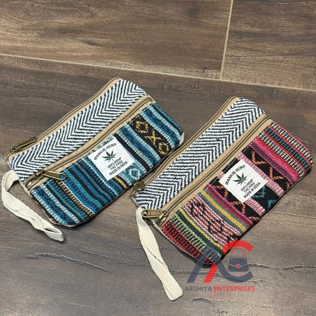 Durable Handmade Hemp Wallet Eco-Friendly Chevron Weave Pattern Zipper Pouch for Cash & Coin Small Mini Wallet with Wrist Strap