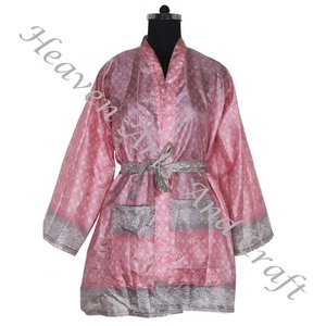 KS001 bohemio verano Vintage Sari Kimono corto abrigo vestido manga seda batas mujeres Vintage seda Sari Vintage Sari Kimono corto - Product Image 3