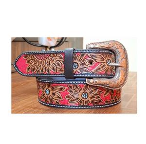 Hot Selling Unisex Floral <b>Tooled</b> Red & Brown <b>Leather</b> <b>Belts</b> Beaded <b>Belts</b> Fancy Buckles Customized by Manufacturers Durable <b>Belts</b> - Product Image 1
