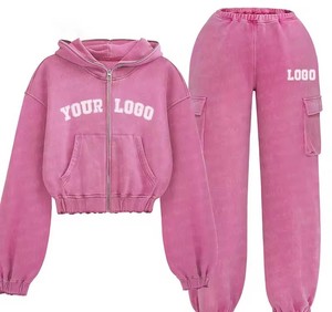 Personalizado desgastado bordado chándal camiseta Rhinestone Zip Up recortado Sudadera con capucha Flare pantalones de chándal y Sudadera con capucha conjunto de las mujeres Sweatsuit - Product Image 2