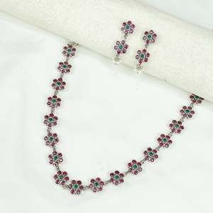 Ayushi Delicate Silver <b>Necklace</b> Set with <b>Ruby</b> and Emerald Floral Design for Party Occasions - Product Image 1