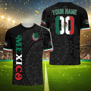 Maglia da Calcio Personalizzata del Messico con Design del Calendario Azteco Nero e Bandiera Tricolore - Product Image 3