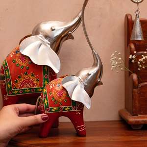Bohemian <b>Elephant</b> Pair with Bells on Tusks for Diwali <b>Decor</b> - Product Image 2