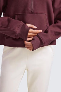 Autumn Winter Warm Fleece Crop Top <b>Hoodies</b> Drop Shoulder Quarter Zip Up Thumbhole Oversized Hooded <b>Sweatshirts</b> For Adults <b>Girls</b> - Product Image 5