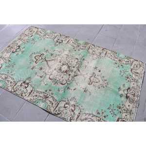 Vintage Rug, 3.8x6.3 ft Accent Rug, Green <b>Brown</b> <b>Wool</b> Rug - Product Image 2