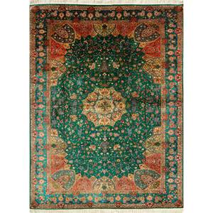 Alfombra Rectangular de Viscosa y Seda Anudada a Mano Gulmarg Green con Diseño de Medallón para Sala de Estar, Hogar y Adolescentes - Modelo SKPS-203 - Product Image 1