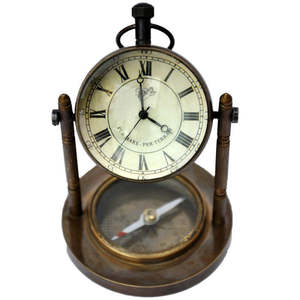 Modern Retro Vintage Brass Table <b>Clock</b> Antique Style with Compass for Outdoor & Kitchen Quartz Desk <b>Clock</b> Metal Home Decoration - Product Image 1
