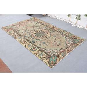 Alfombra turca Vintage Beige Verde 5,7X9,1 FT Tejido plano de lana con patrón de retazos para decoraciones de sala de estar - Product Image 4