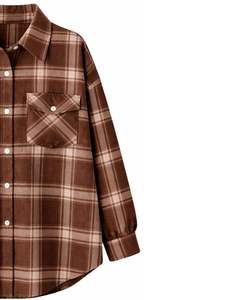 Women Oversized Plaid Button Up Shirt Brown Long <b>Sleeve</b> Casual Flannel Checkered Pocket Tunic <b>Top</b> Soft Autumn Winter Wholesale - Product Image 3