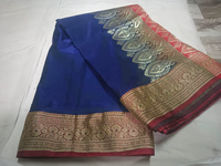 Sari de Seda Satinada Banarasi Brillante Tejido a Mano, Diseño de Borde en Contraste de Dos Tonos, Tejido Tradicional de Lujo de Secado Rápido