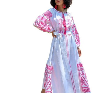 Verano Ucrania bordado tejido lavable mangas completas hasta el suelo cintura Natural vestido de alta calidad para mujeres - Product Image 1