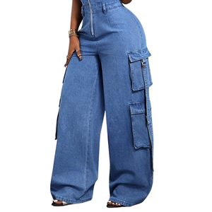 Combinaison cargo en jean pour femme, manches courtes, fermeture éclair avant, jambe large, style utilitaire, tenue décontractée une pièce, bleu délavé, haute qualité - Product Image 5